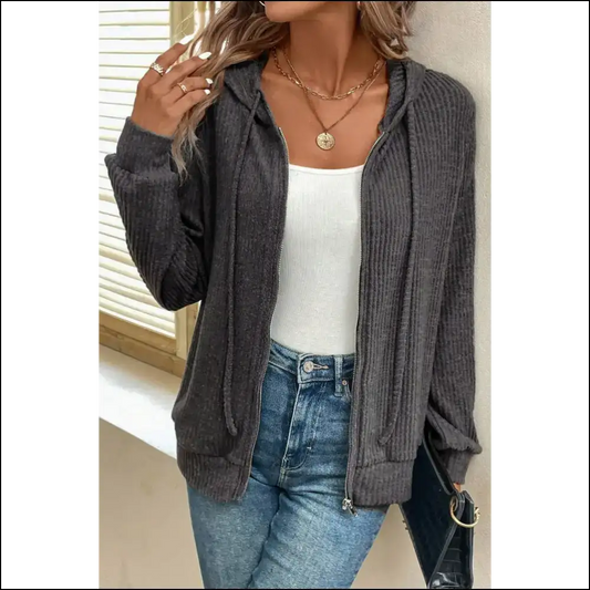 Dark Grey Ribbed Zip Hoodie: Slay Needful Things! 💀 Chic Domination! - s - Sweatshirts & Hoodies on Sale Worldwide Shipping