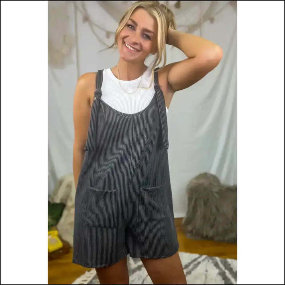 Dark Grey Striped Knotted Straps Romper: Effortlessly Fabulous 😜 Needful Things - Rompers Jumpsuits & on Sale Worldwide Shipping
