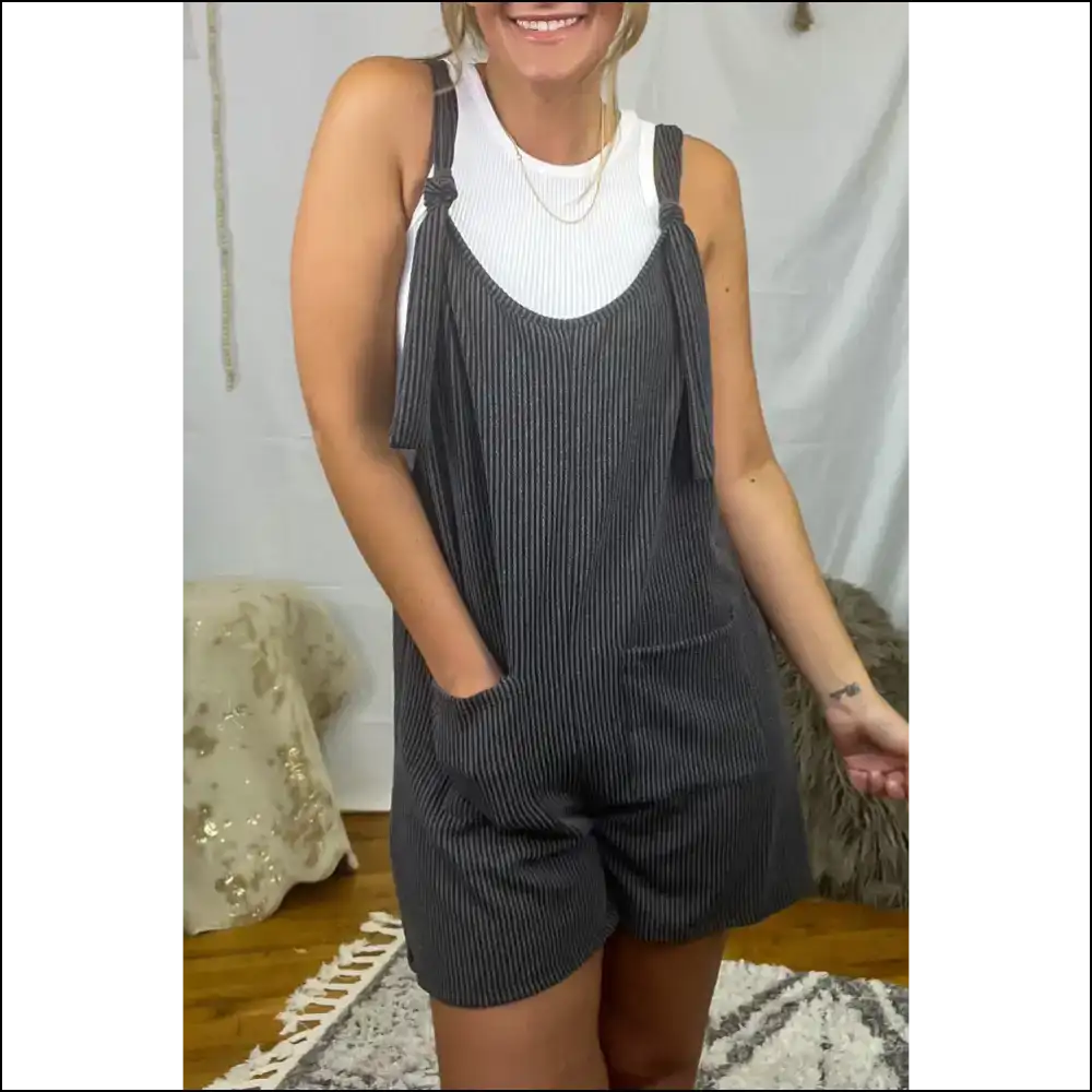 Dark Grey Striped Knotted Straps Romper: Effortlessly Fabulous 😜 Needful Things - s - Rompers Jumpsuits & on Sale Worldwide Shipping