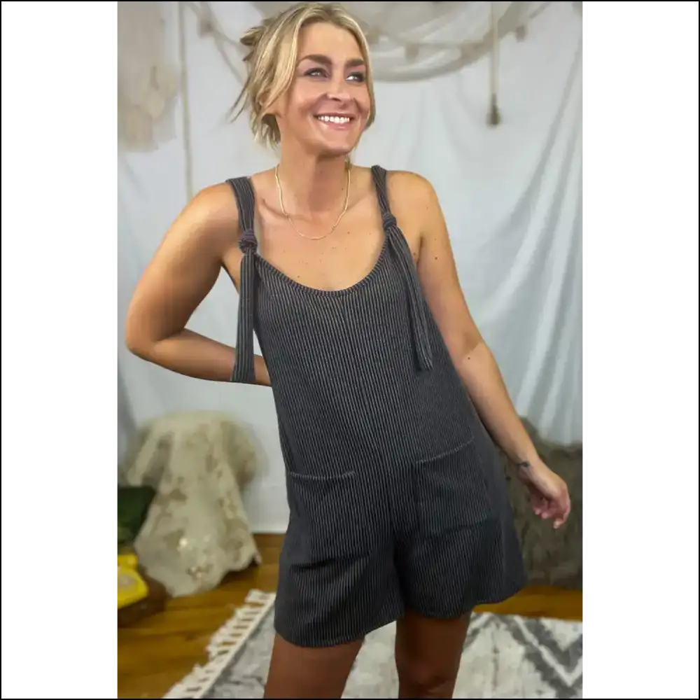 Dark Grey Striped Knotted Straps Romper: Effortlessly Fabulous 😜 Needful Things - Rompers Jumpsuits & on Sale Worldwide Shipping