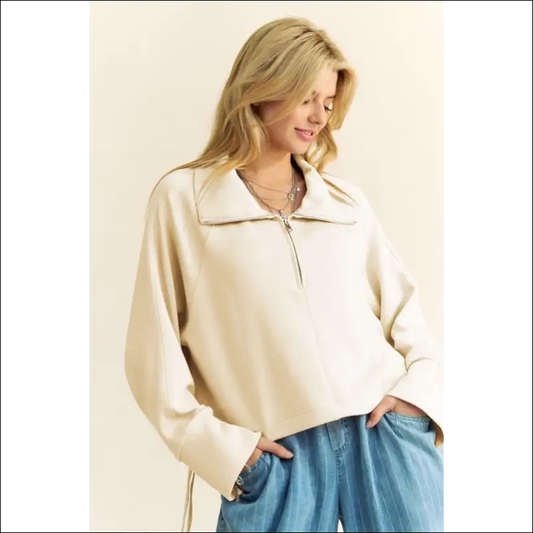 Davi & Dani Chic Drawstring Hem Half Zip Sweatshirt - Ivory / s - Sweatshirts Hoodies on Sale Worldwide Shipping