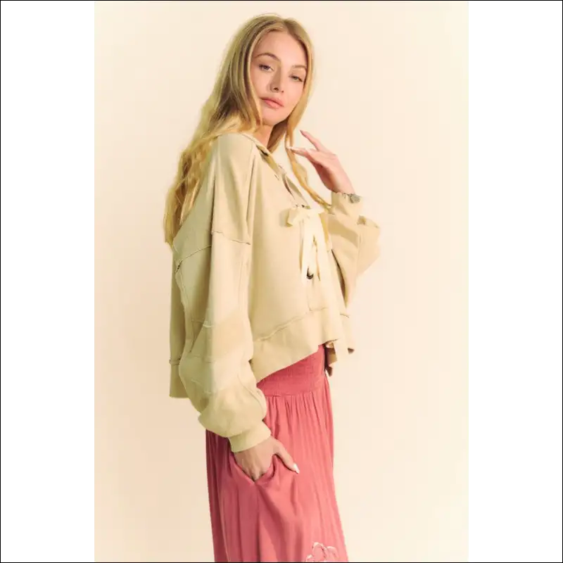 Davi & Dani Lace Up Exposed Seam French Terry Top - Sweatshirts Hoodies on Sale Worldwide Shipping