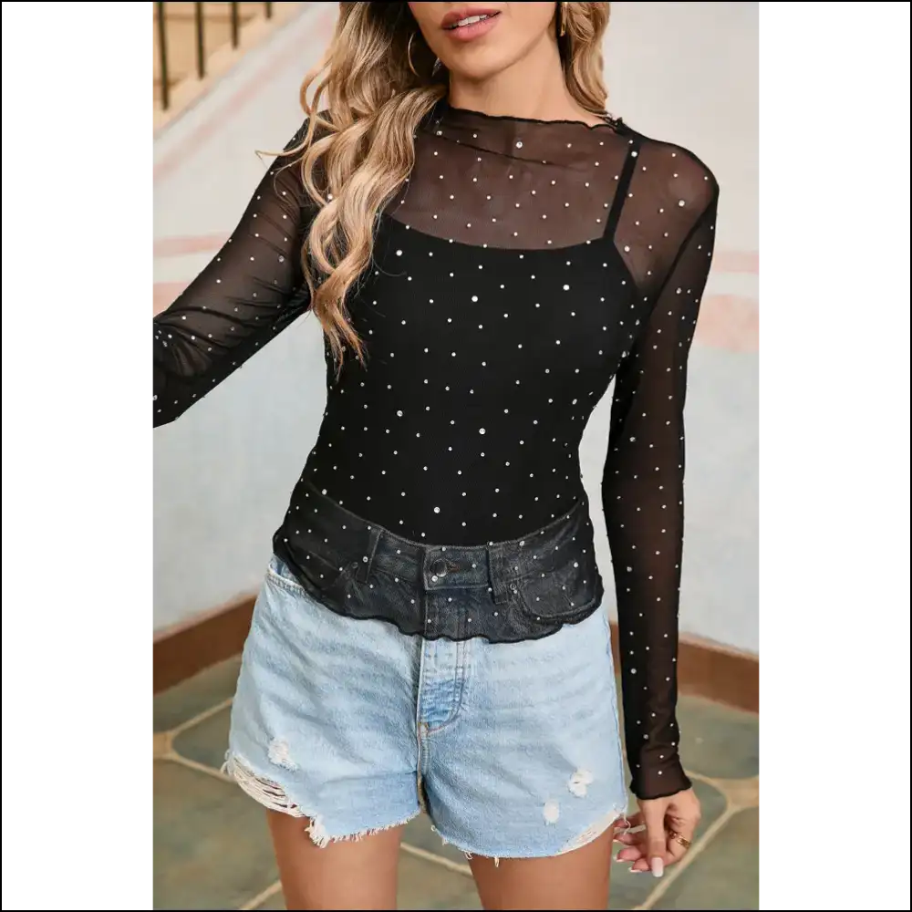 Dazzling Black Rhinestone Mesh Top: Prepare to be Obnoxiously Fabulous! Needful Things ?🖤 - s - Blouses on Sale Worldwide Shipping