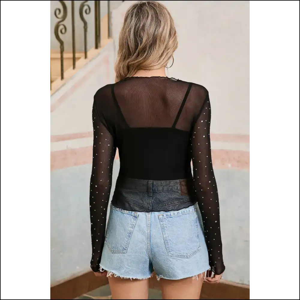 Dazzling Black Rhinestone Mesh Top: Prepare to be Obnoxiously Fabulous! Needful Things ?🖤 - Blouses on Sale Worldwide Shipping
