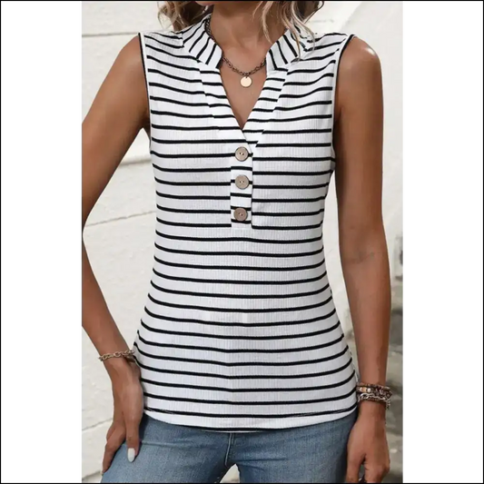 Decorative Button Striped Notched Tank - Stripe / l - Tops on Sale Worldwide Shipping