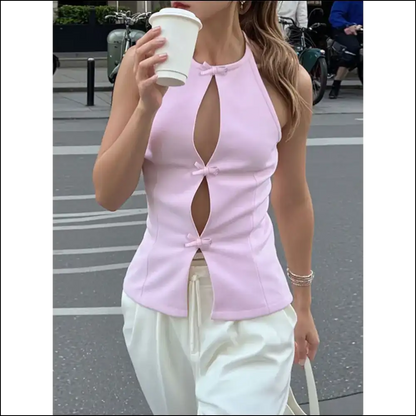 Devine Bow Cutout Round Neck Top - Tank Tops on Sale Worldwide Shipping
