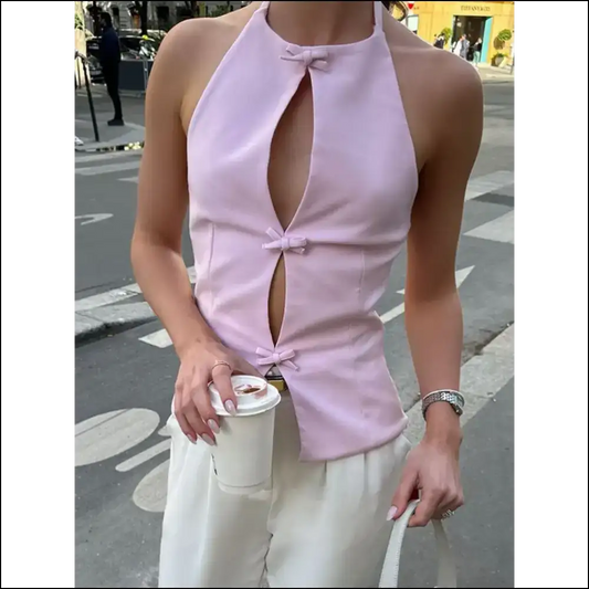 Devine Bow Cutout Round Neck Top - Purple / s - Tank Tops on Sale Worldwide Shipping