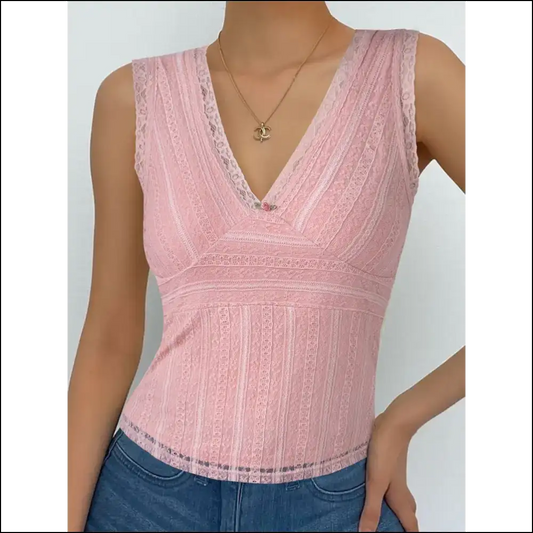 Devine Lace V-neck Tank Top - Pink / s - Tops on Sale Worldwide Shipping