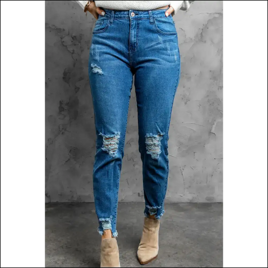 Distressed Cropped Jeans: for when Life Gets a Little Ripped! 😜👖 - Blue / 10 - Jeans on Sale Worldwide Shipping