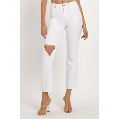 Distressed Cropped Straight Jeans: Because who Needs Perfect? 😈✨ - White / 0(24) - Jeans on Sale Worldwide Shipping
