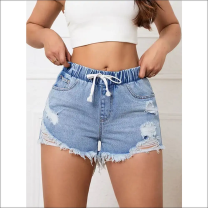 Distressed Drawstring Raw Hem Denim Shorts - on Sale Worldwide Shipping