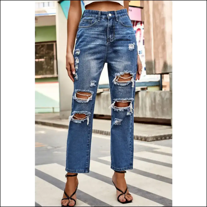 Distressed High Waist Straight Jeans: Wear your Personality not Ex’s! 😂 - Medium / s - Jeans on Sale Worldwide Shipping