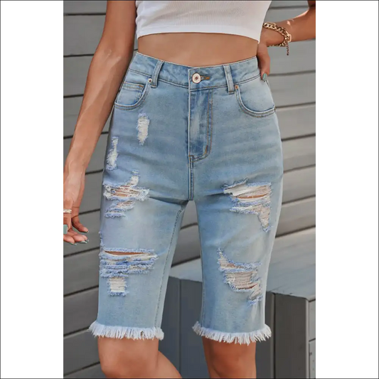 Distressed Raw Hem Denim Bermuda Shorts - Chic & Casual - Light / Xl - on Sale Worldwide Shipping