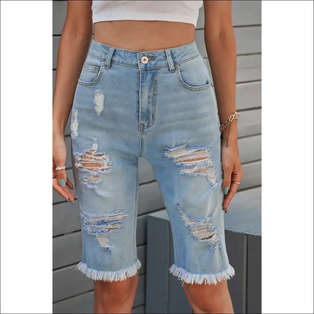 Distressed Raw Hem Denim Bermuda Shorts - Chic & Casual - on Sale Worldwide Shipping