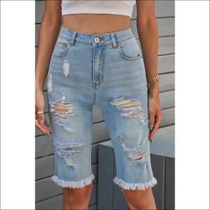 Distressed Raw Hem Denim Bermuda Shorts - Chic & Casual - on Sale Worldwide Shipping