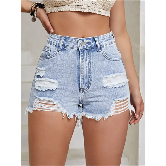 Distressed Raw Hem High Waist Denim Shorts - Light / m - on Sale Worldwide Shipping