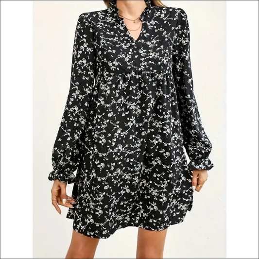 Ditsy Floral Notched Flounce Sleeve Dress - Black / s - Dresses on Sale Worldwide Shipping