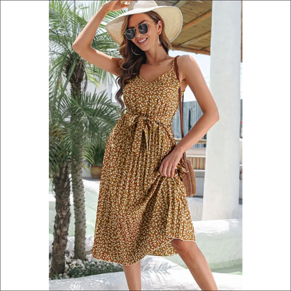 Ditsy Floral Midi Dress with Belt and Spaghetti Straps - Coffee / s - Dresses on Sale Worldwide Shipping