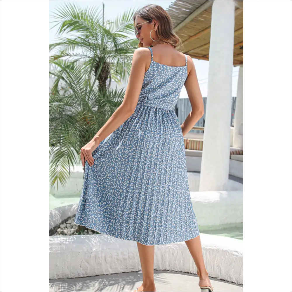 Ditsy Floral Midi Dress with Belt and Spaghetti Straps - Dresses on Sale Worldwide Shipping