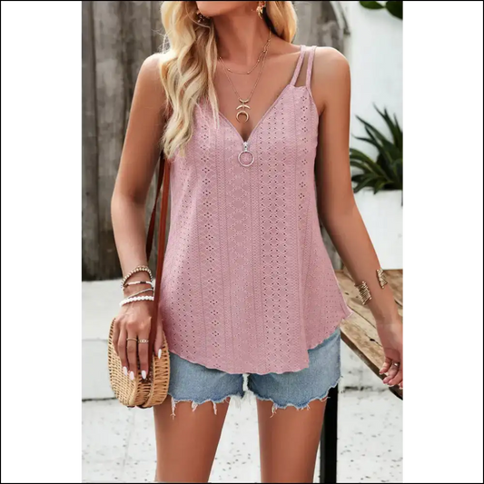 Divine Eyelet V-neck Double Strap Cami - Mauve / l - Tank Tops on Sale Worldwide Shipping