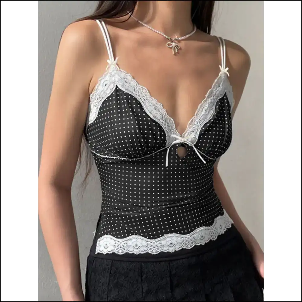 Divine Lace Detail Polka Dot V-neck Cami - Tank Tops on Sale Worldwide Shipping