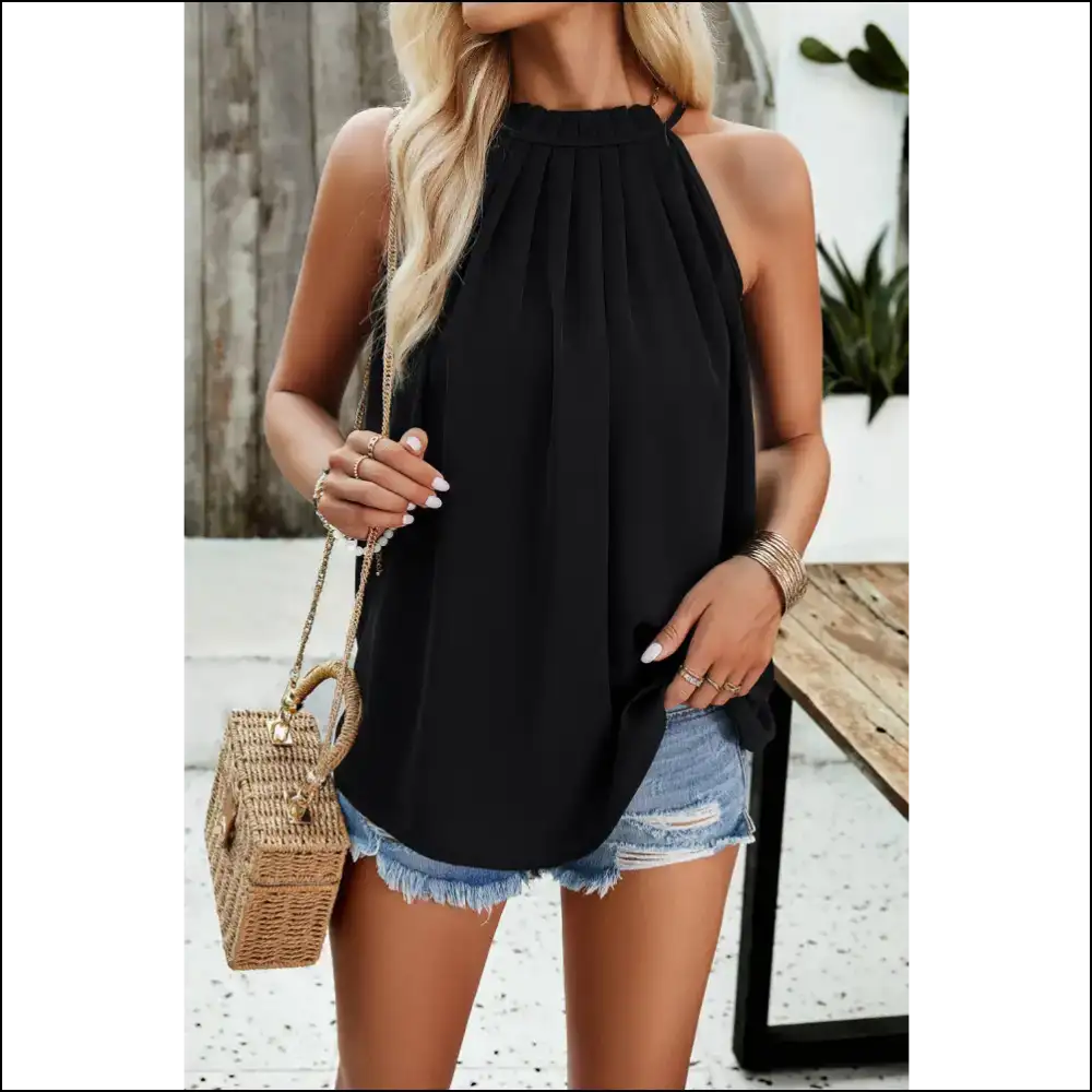 Divine Ruched Grecian Neck Tank - Black / m - Tops on Sale Worldwide Shipping