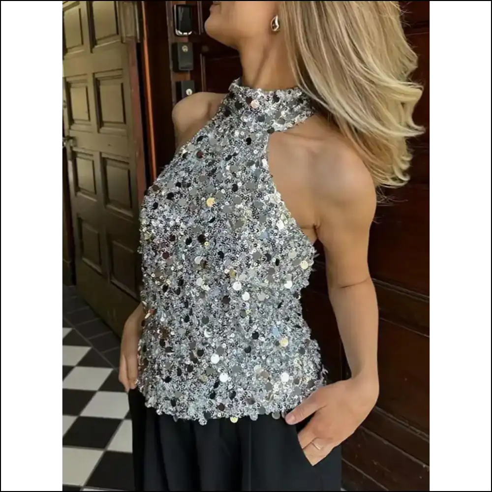 Divine Sequin Halter Neck Tank Top - Tops on Sale Worldwide Shipping