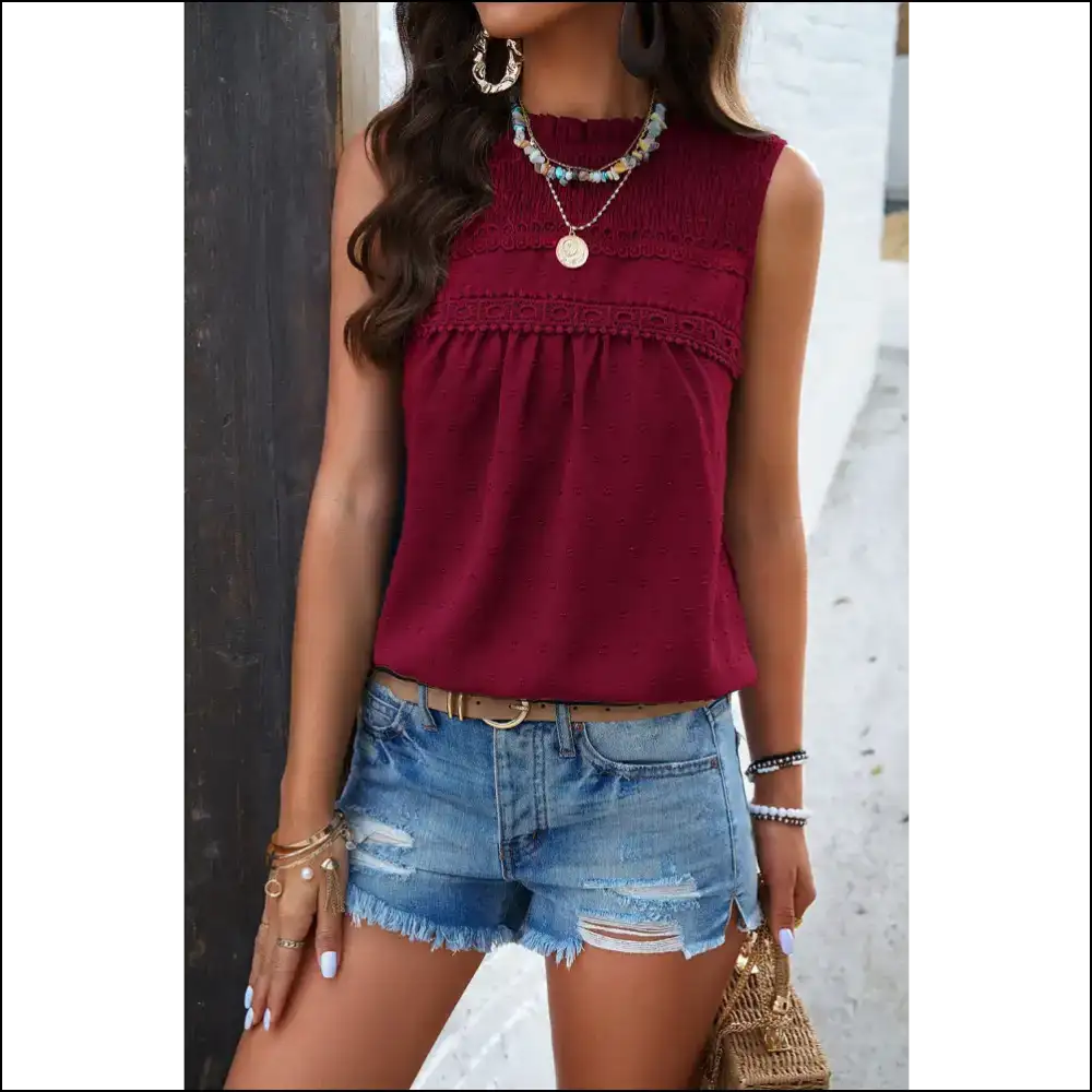 Divine Swiss Dot Round Neck Tank - Red Dahlia / s - Tops on Sale Worldwide Shipping
