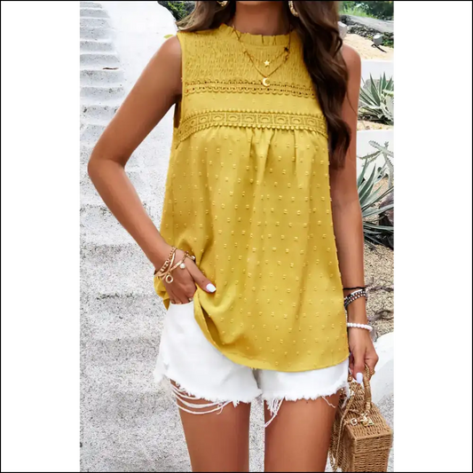 Divine Swiss Dot Round Neck Tank - Yellow / s - Tops on Sale Worldwide Shipping