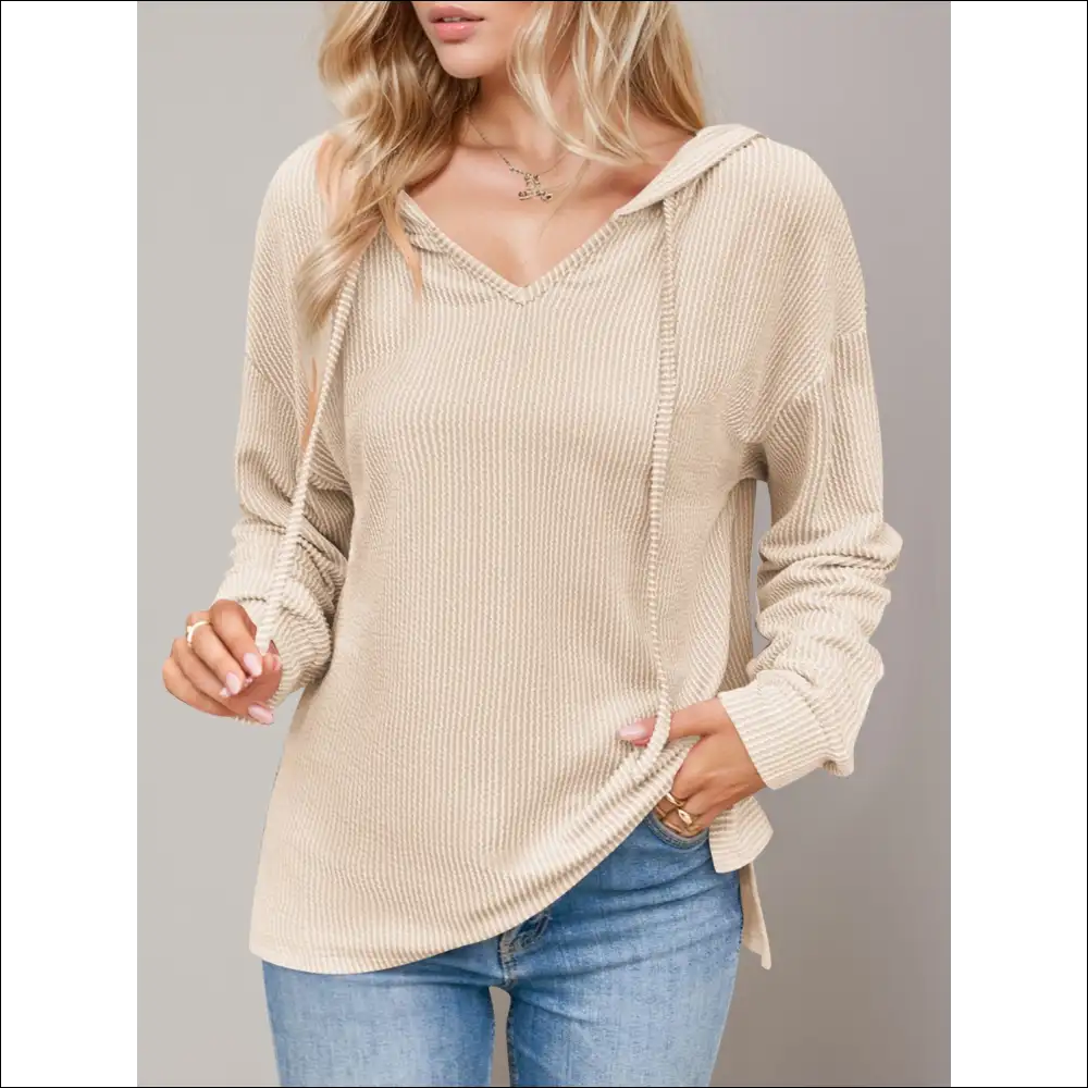Double Take Dropped Shoulder Hoodie - Tan / s - Hoodies Sweatshirts & on Sale Worldwide Shipping