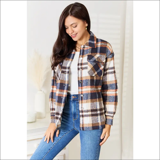 Double Take Plaid Button Front Shirt Jacket - Dark Blue / l - Coats Outerwear on Sale Worldwide Shipping