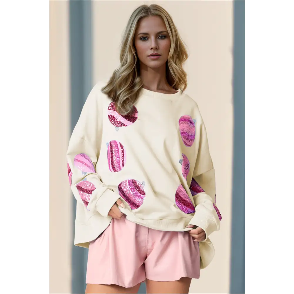 Double Take Sequin Round Neck Long Sleeve Sweatshirt - Cream / s - Sweatshirts & Hoodies on Sale Worldwide Shipping