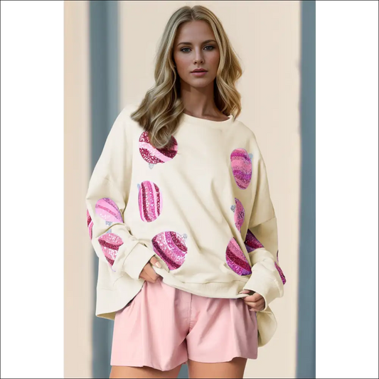 Double Take Sequin Round Neck Long Sleeve Sweatshirt - Cream / s - Sweatshirts & Hoodies on Sale Worldwide Shipping
