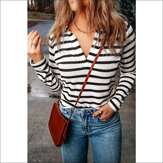 Double Take Striped Johnny Collar Long Sleeve Knit Top - Stripe / s - Blouses on Sale Worldwide Shipping