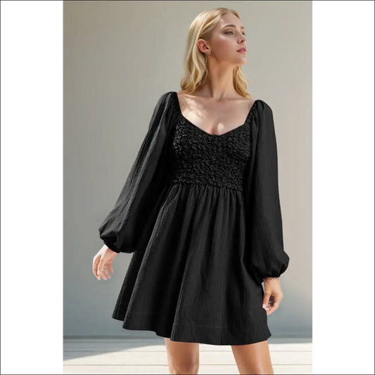 Double Take Texture Smocked Balloon Sleeve Mini Dress - Black / s - Dresses on Sale Worldwide Shipping