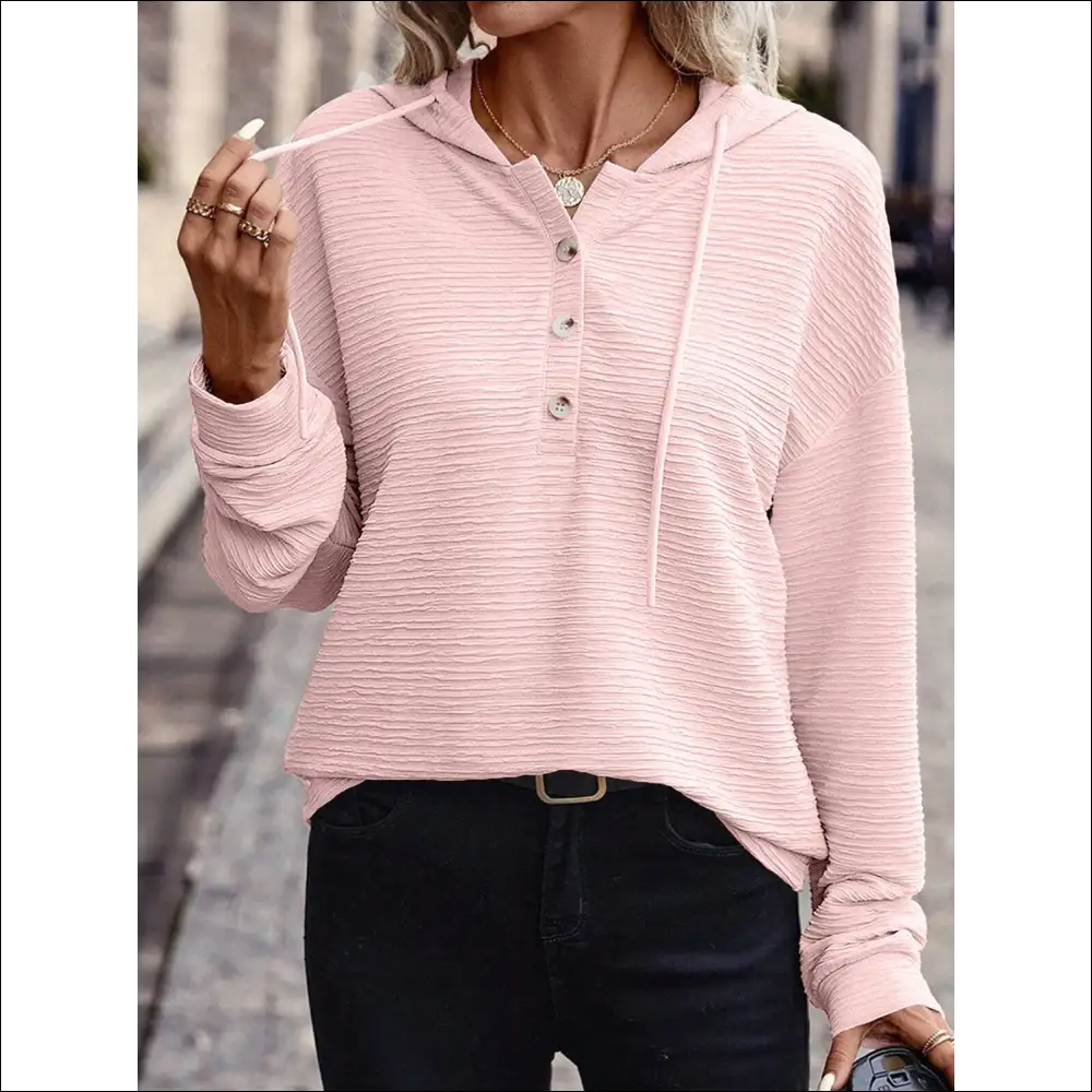 Drawstring Quarter Button Long Sleeve Hoodie - Blush Pink / s - Sweatshirts & Hoodies on Sale Worldwide Shipping
