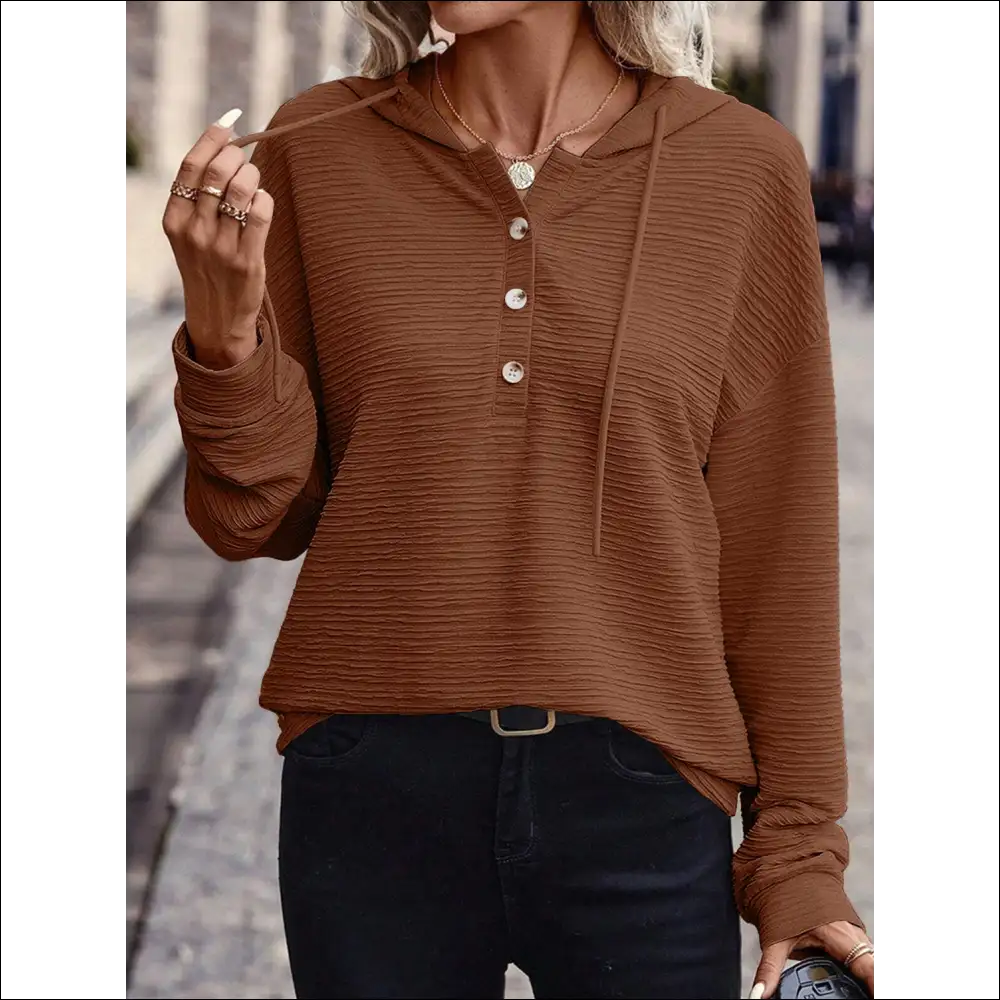 Drawstring Quarter Button Long Sleeve Hoodie - Brown / s - Sweatshirts & Hoodies on Sale Worldwide Shipping