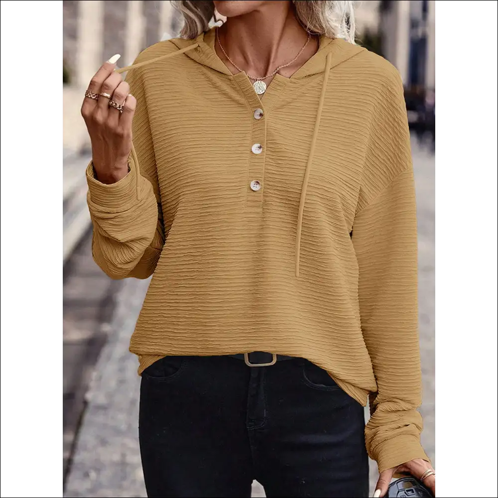 Drawstring Quarter Button Long Sleeve Hoodie - Mustard / s - Sweatshirts & Hoodies on Sale Worldwide Shipping