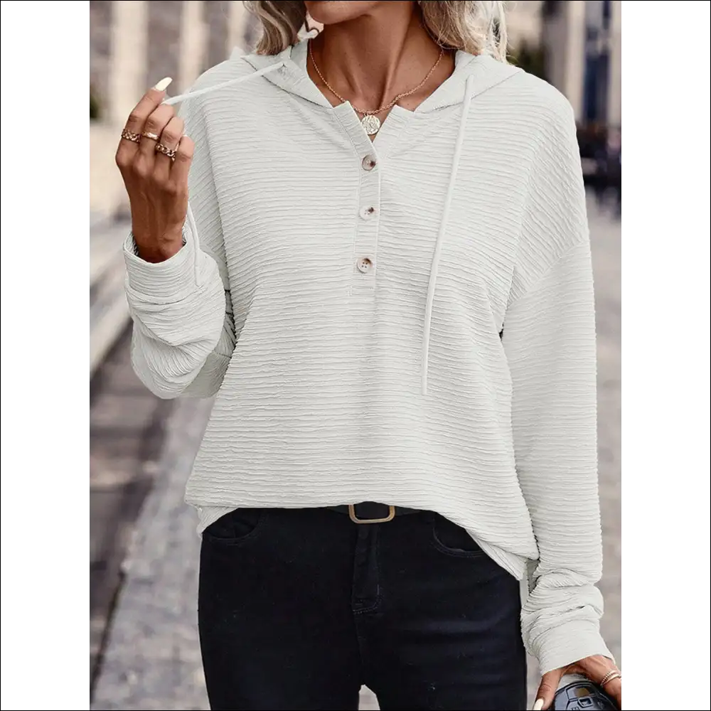 Drawstring Quarter Button Long Sleeve Hoodie - White / s - Sweatshirts & Hoodies on Sale Worldwide Shipping