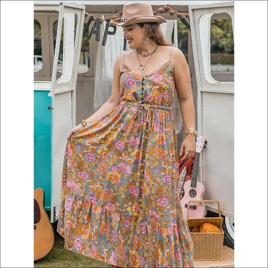 Chic Drawstring Ruffle Hem Maxi Dress - Floral / 4xl - Dresses on Sale Worldwide Shipping
