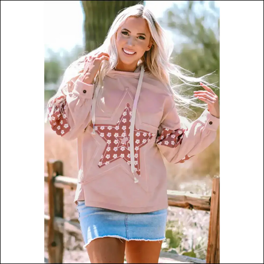 Drawstring Star Long Sleeve Hoodie - Dusty Pink / m - Sweatshirts & Hoodies on Sale Worldwide Shipping
