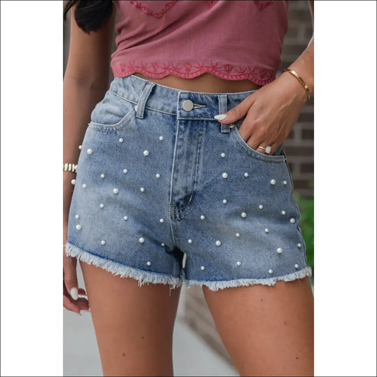 Dusk Blue Pearl Beaded Denim Shorts - 4 - on Sale Worldwide Shipping
