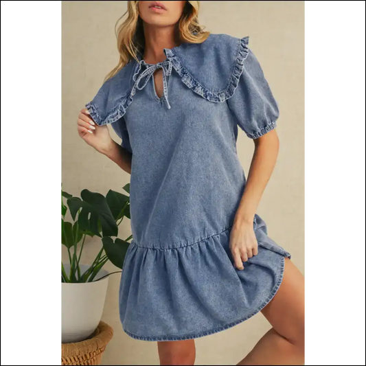 Dusk Blue Ruffle Denim Mini Dress: your ?Damn Girl!’ Fit 💙 - s - Short Dresses on Sale Worldwide Shipping