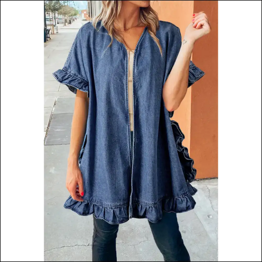 Dusk Blue Ruffle Edge Chambray: Kimono? More Like Kim-yes-no! Needful Things 😎 - s - Blouses on Sale Worldwide Shipping