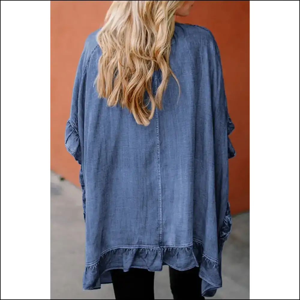 Dusk Blue Ruffle Edge Chambray: Kimono? More Like Kim-yes-no! Needful Things 😎 - Blouses on Sale Worldwide Shipping