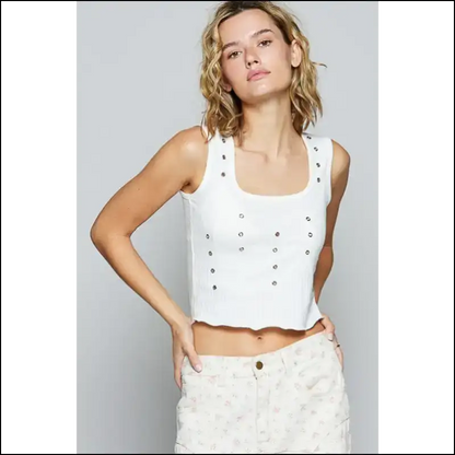Edgy Eyelet Stud Scoop Neck Cropped Tank - Tops on Sale Worldwide Shipping