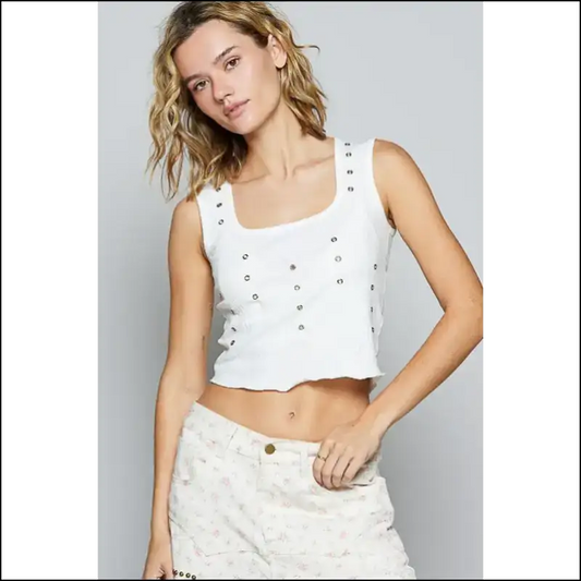 Edgy Eyelet Stud Scoop Neck Cropped Tank - White / s - Tops on Sale Worldwide Shipping