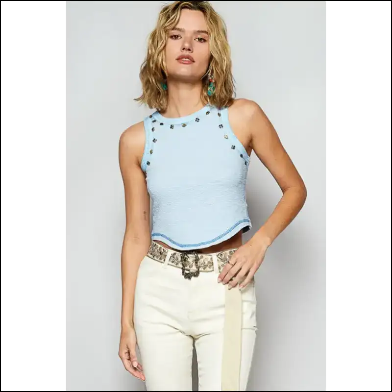 Edgy Studded Round Neck Cropped Tank - Tops on Sale Worldwide Shipping