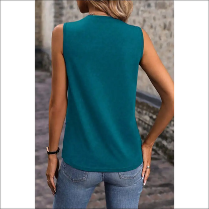 Elegant Blue Sapphire Round Neck Tank Top with Stitching Detail - Tops on Sale Worldwide Shipping