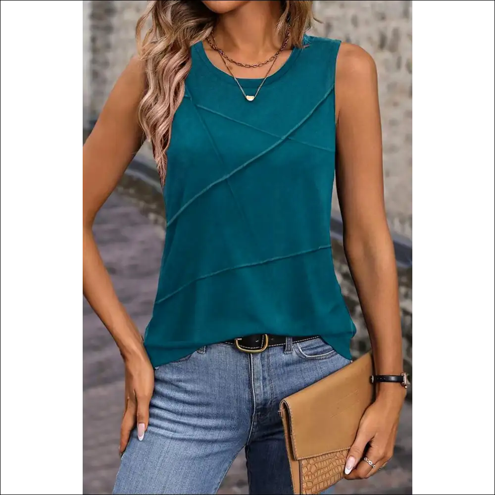 Elegant Blue Sapphire Round Neck Tank Top with Stitching Detail - Tops on Sale Worldwide Shipping